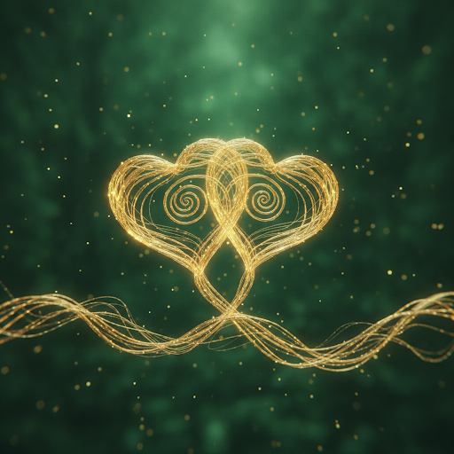 Two glowing hearts connected by golden threads